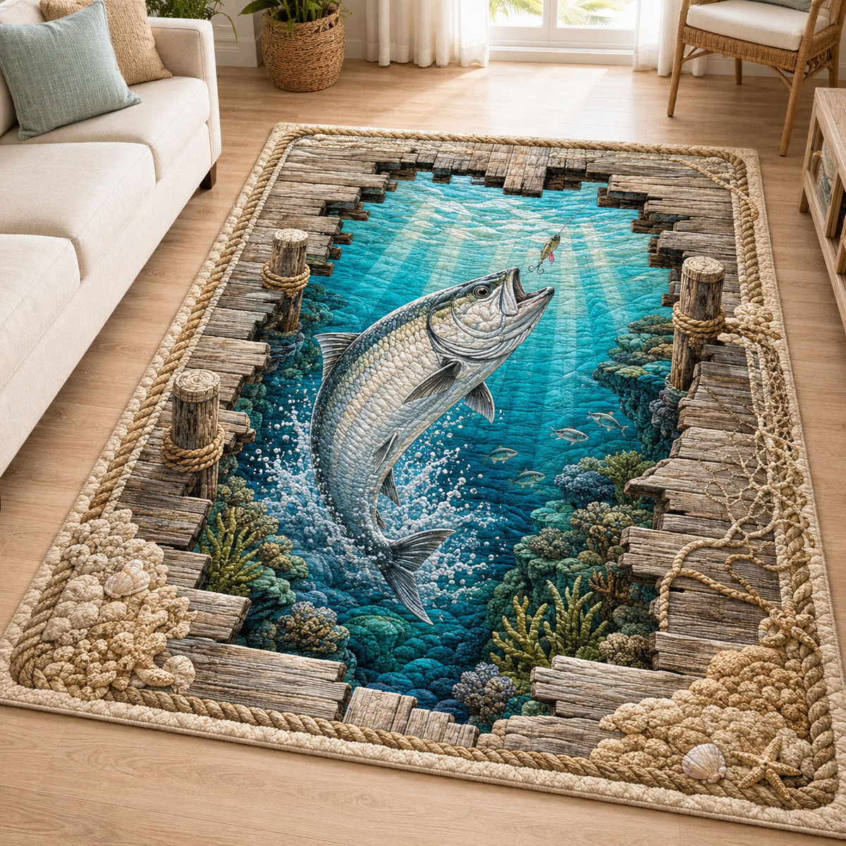 Coastal Pier Tarpon area rug in a living room