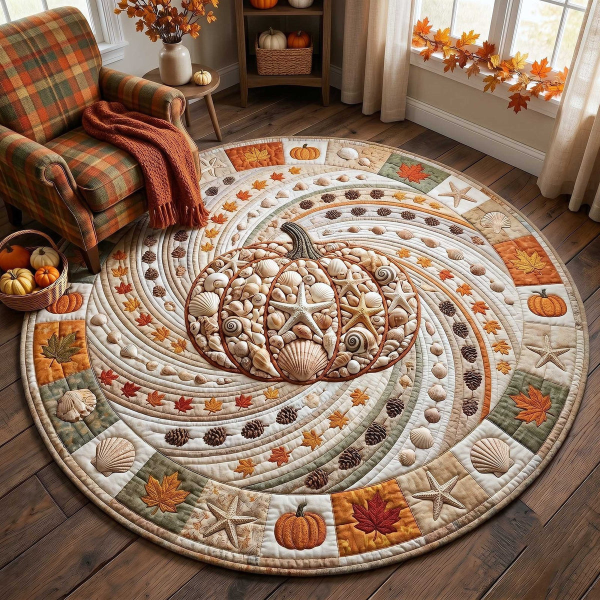 Coastal Pumpkin Halloween Round Mat Rug - washable non-slip printed rug