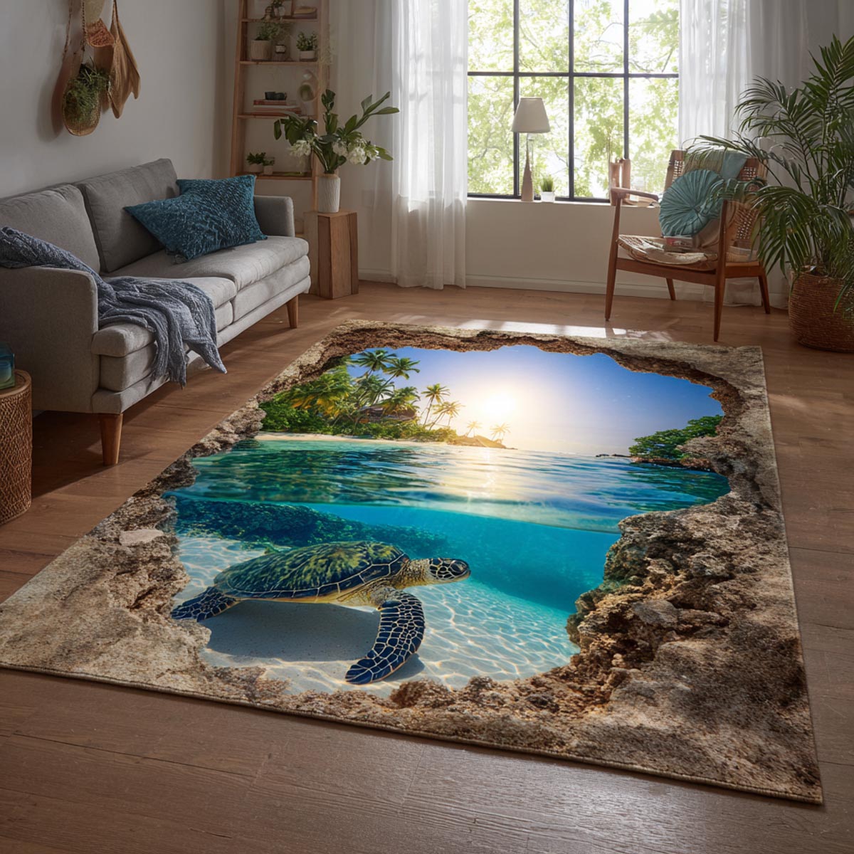 Coastal Turtle area rug in a living room
