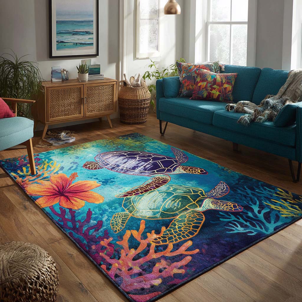 Coastal Turtle area rug in a living room