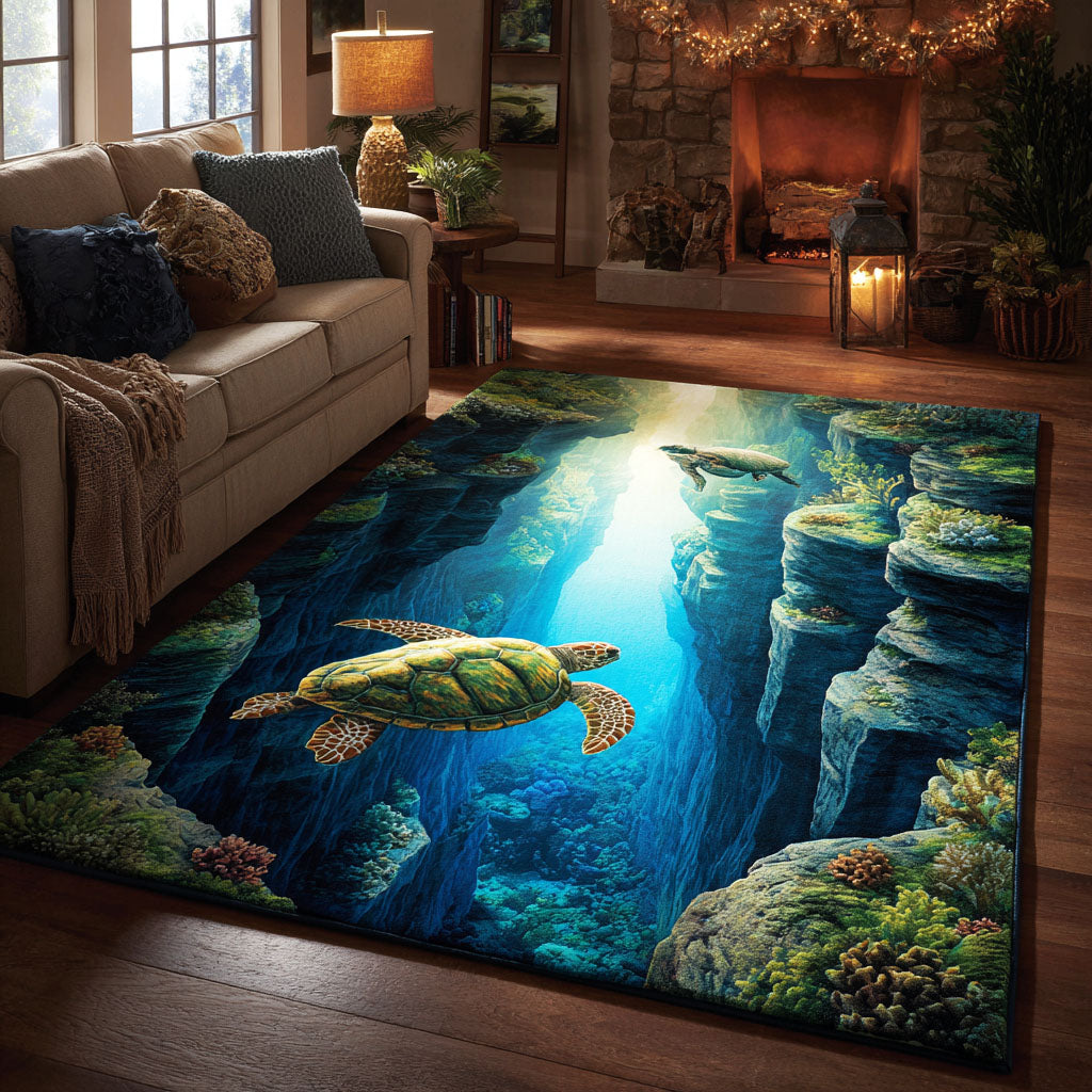 Coastal Turtle area rug in a living room