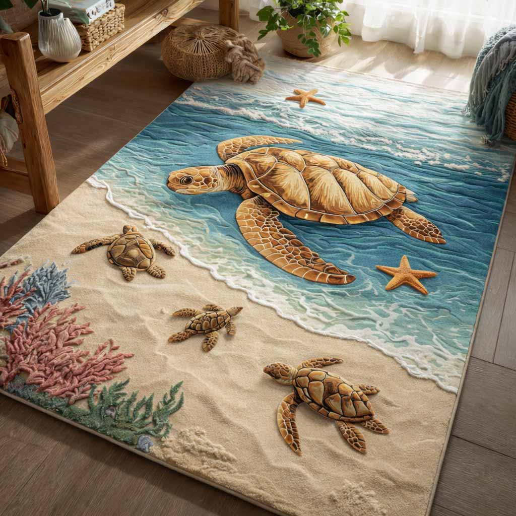 Coastal Turtle area rug in a living room