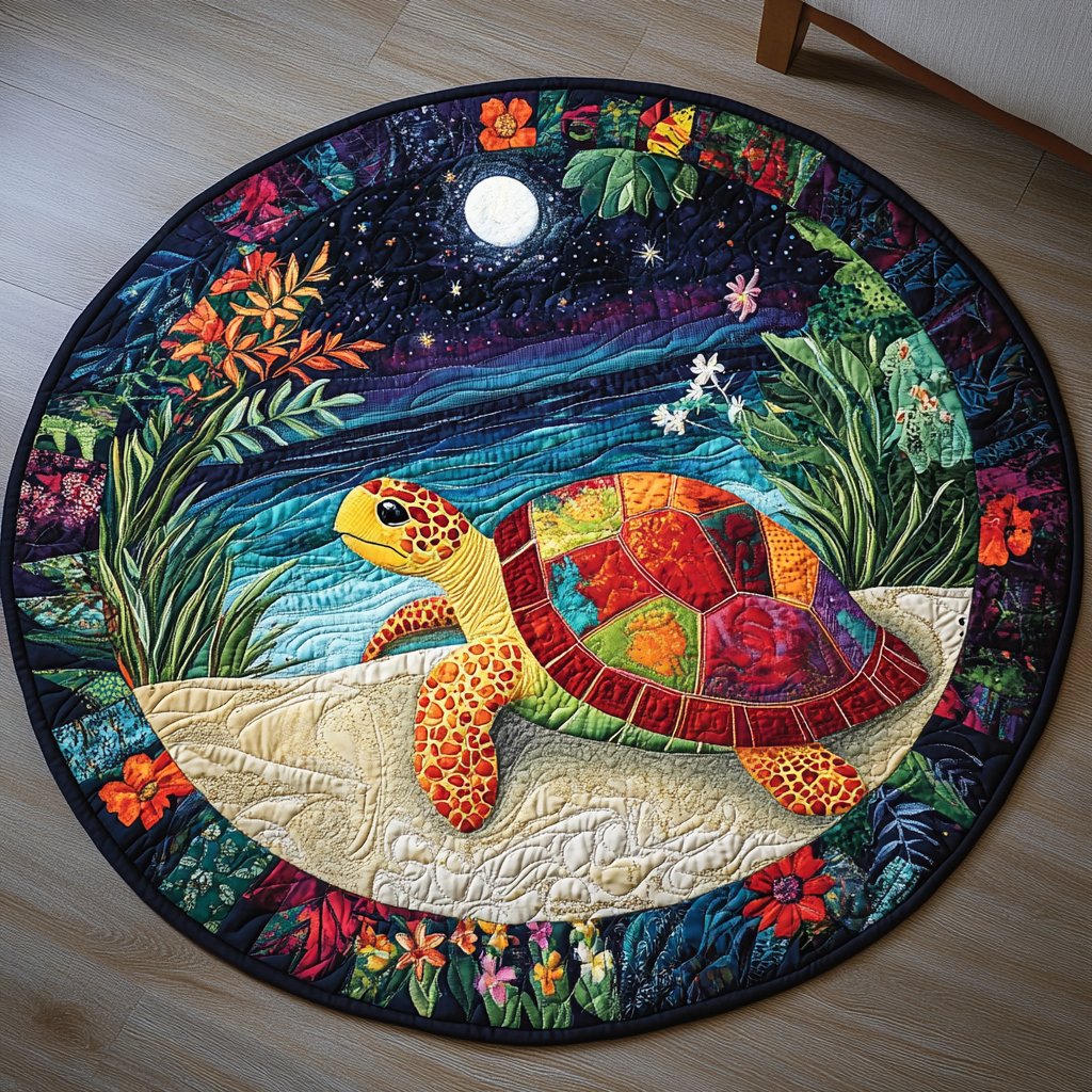 Coastal Turtle Drift Round Mat Rug - washable non-slip printed rug