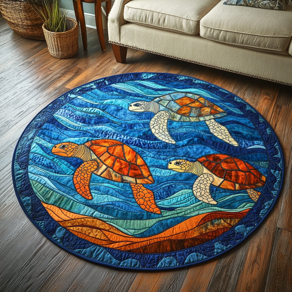 Coastal Turtle Round Mat Rug - washable non-slip printed rug