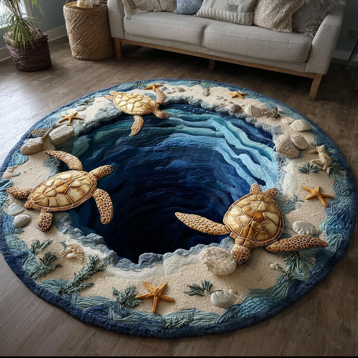 Coastal Turtle Round Mat Rug - washable non-slip printed rug