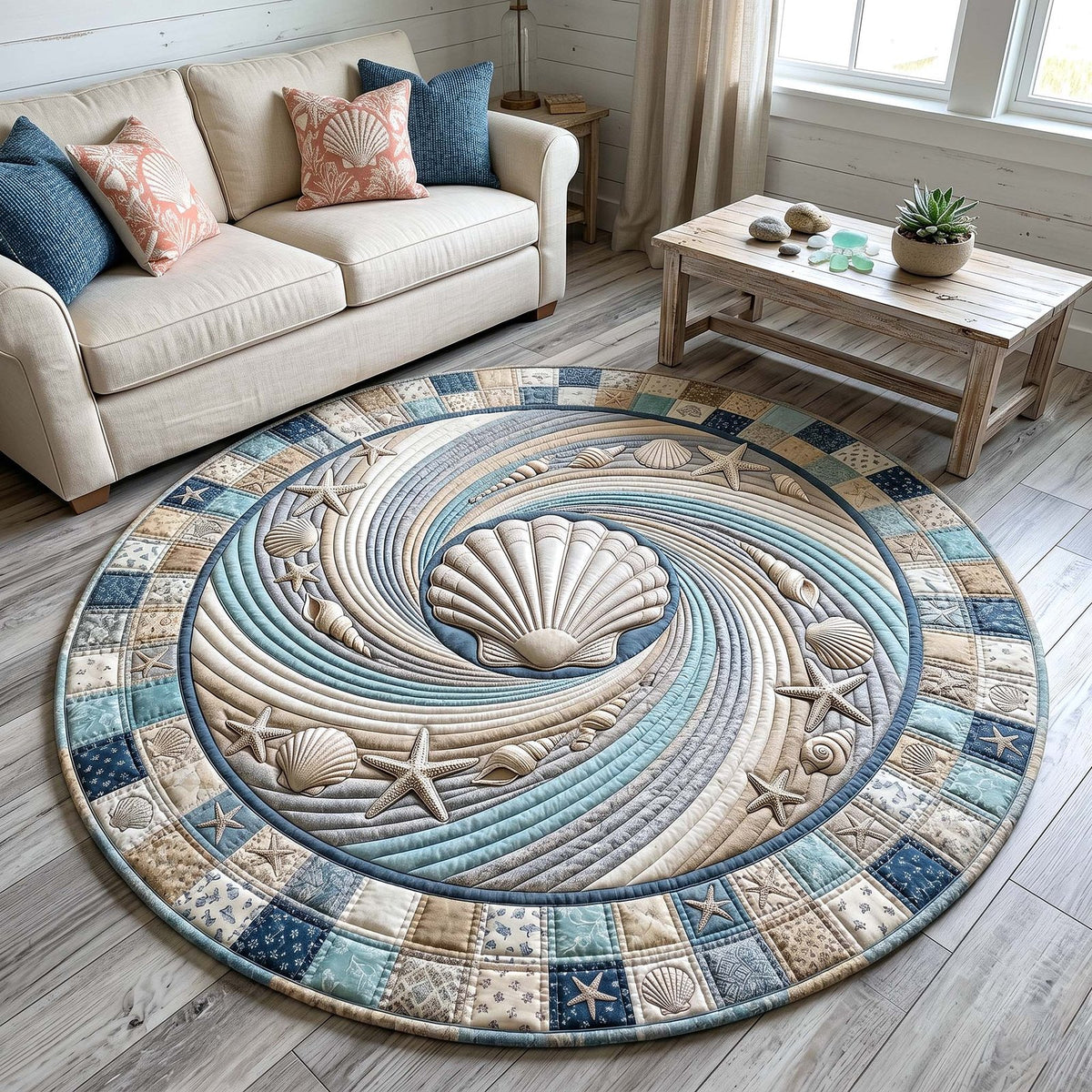 Coastal Whisper (Design 9) Round Mat Rug - washable non-slip printed rug