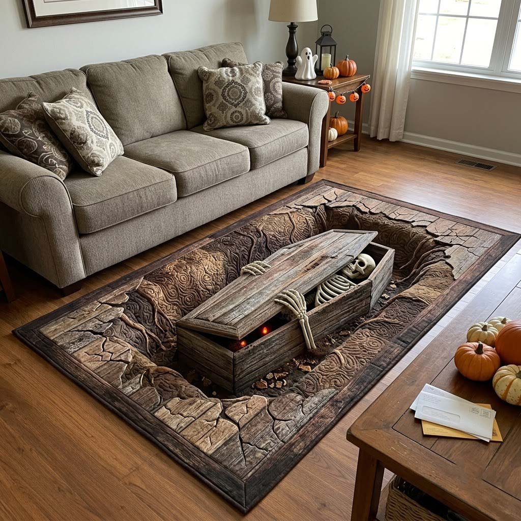 Coffin Trapdoor area rug in a living room