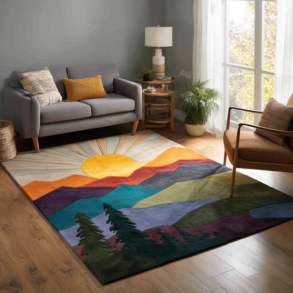 Colorful Peaks area rug in a living room
