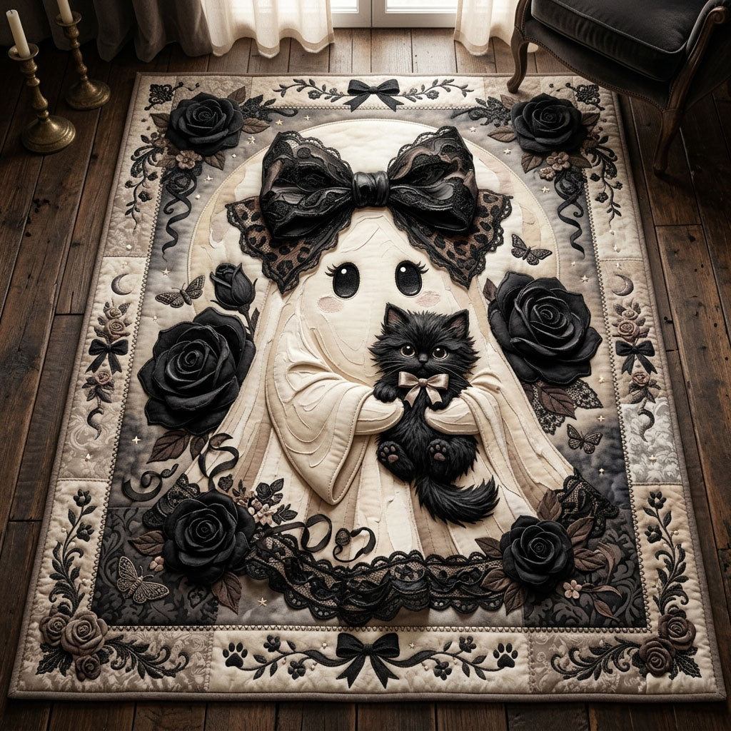 Coquette Ghost Cat Bow area rug in a living room