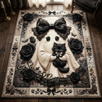 Coquette Ghost Cat Bow area rug in a living room