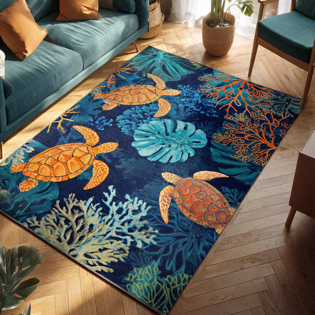 Coral Turtle area rug in a living room