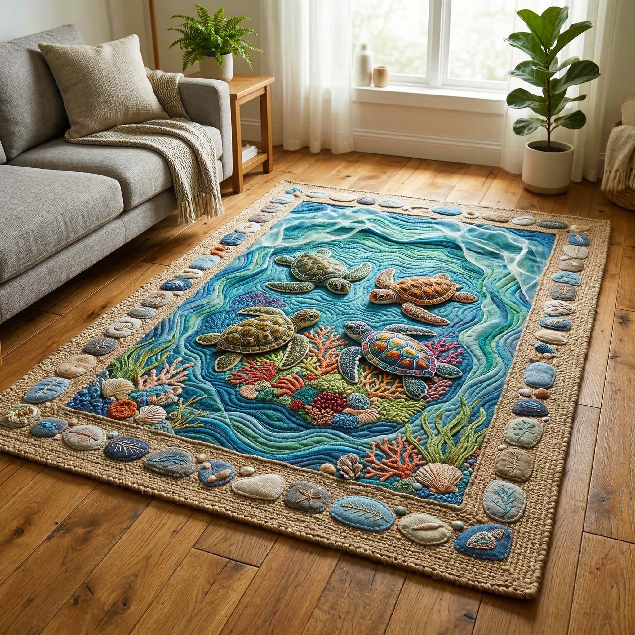 Coral Turtles area rug in a living room
