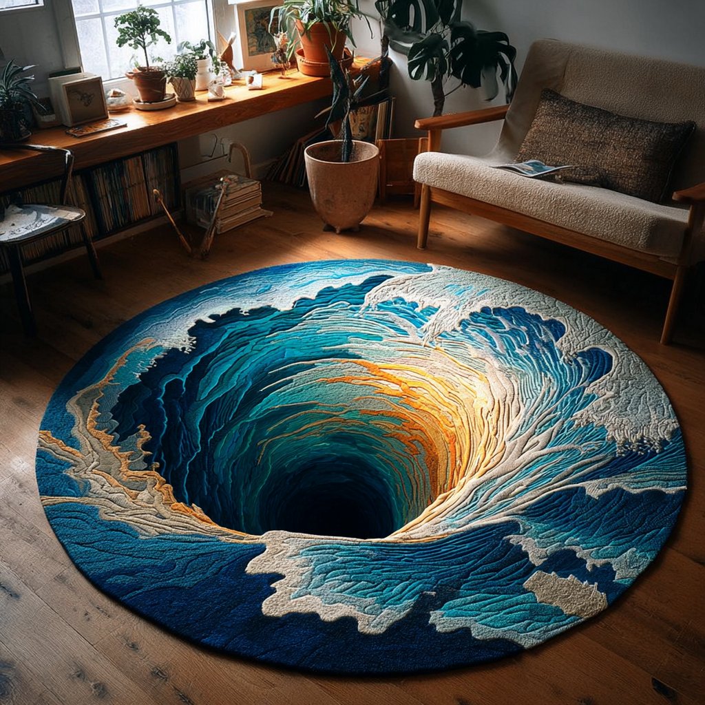 Coral Wave Round Mat Rug - washable non-slip printed rug