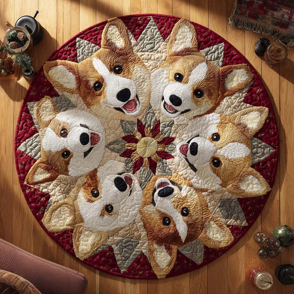 Corgi Christmas Bloom Round Mat Rug - Cute Pet Design | Animal Printed Home Decor