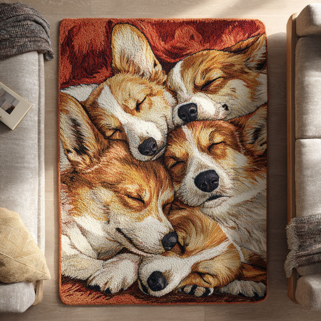 Corgi Cloud Nap area rug in a living room