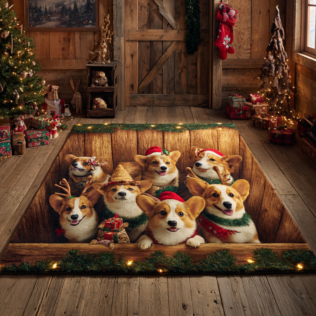 Corgi Delight area rug in a living room