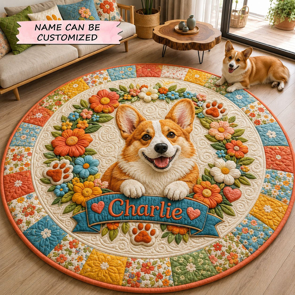 Corgi Floral Garden Round Mat Rug - washable non-slip printed rug