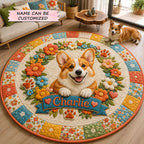 Corgi Floral Garden Round Mat Rug - washable non-slip printed rug