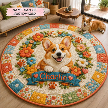 Corgi Floral Garden Round Mat Rug - Non-Slip Washable Round Area Rug for Bedroom & Living Room