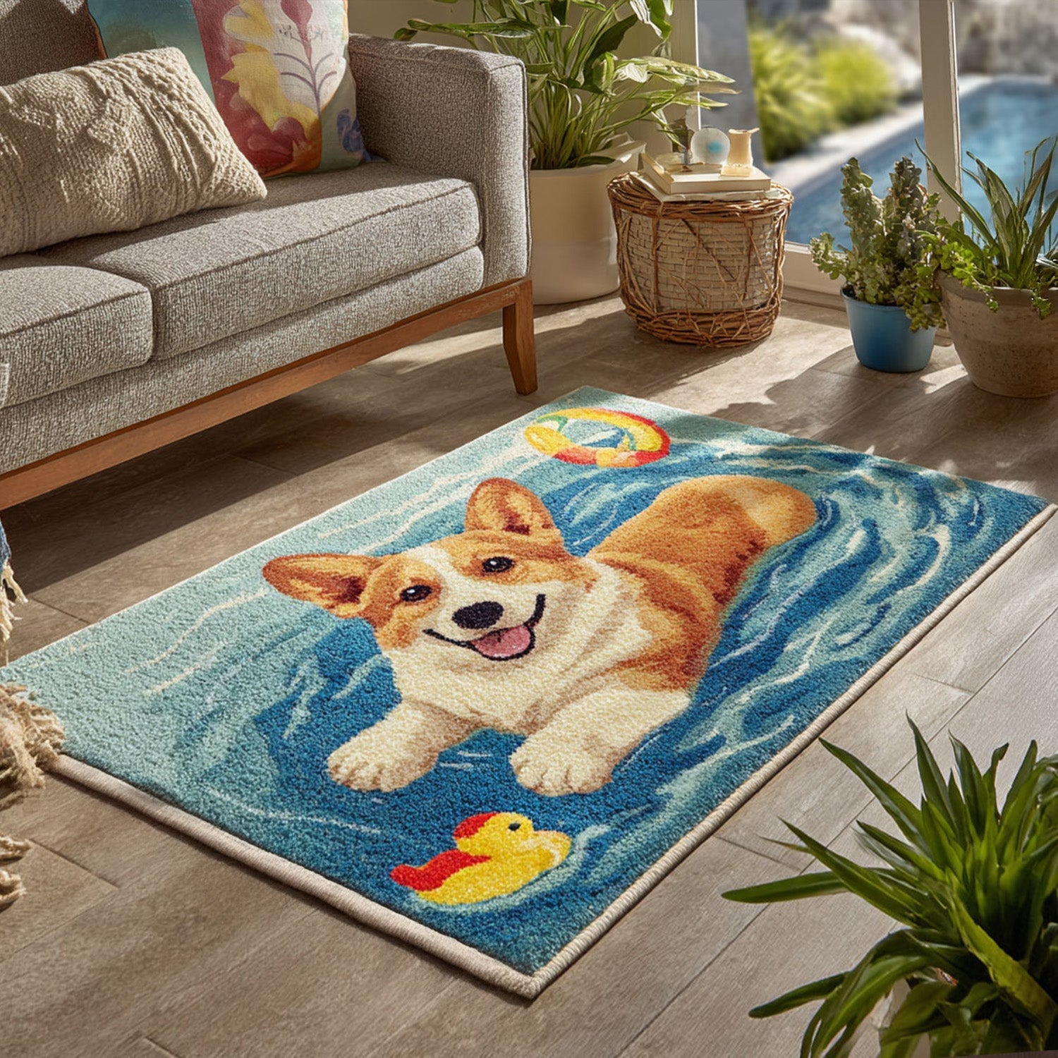 Corgi Paradise area rug in a living room