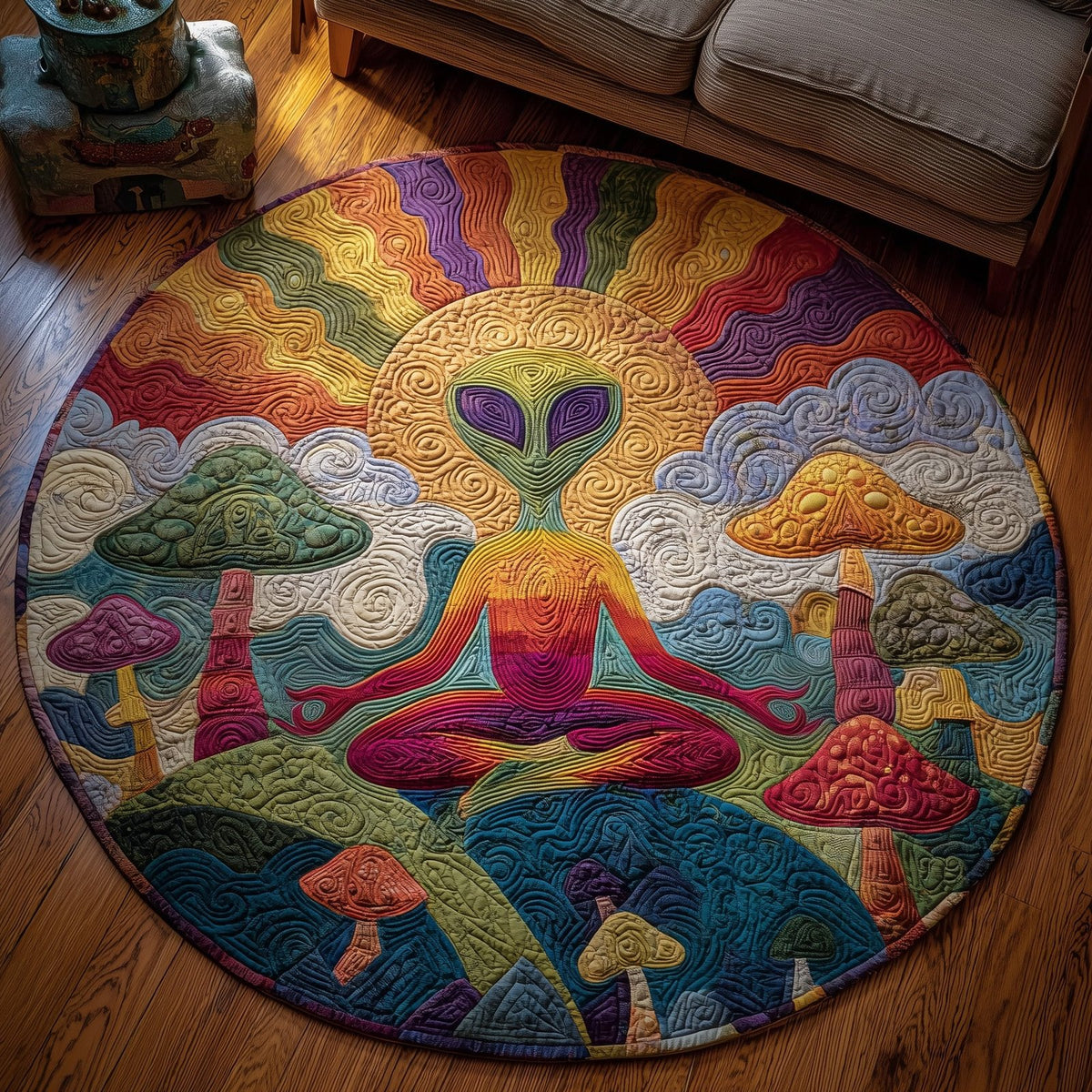 Cosmic Alien Meditation Round Mat Rug - washable non-slip printed rug