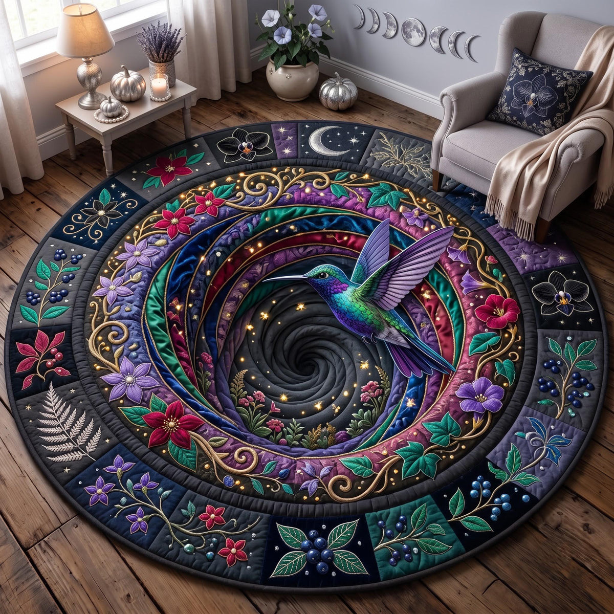 Cosmic Hummingbird Round Mat Rug - Cute Animal Design | Charming Home Decor - washable non-slip printed rug