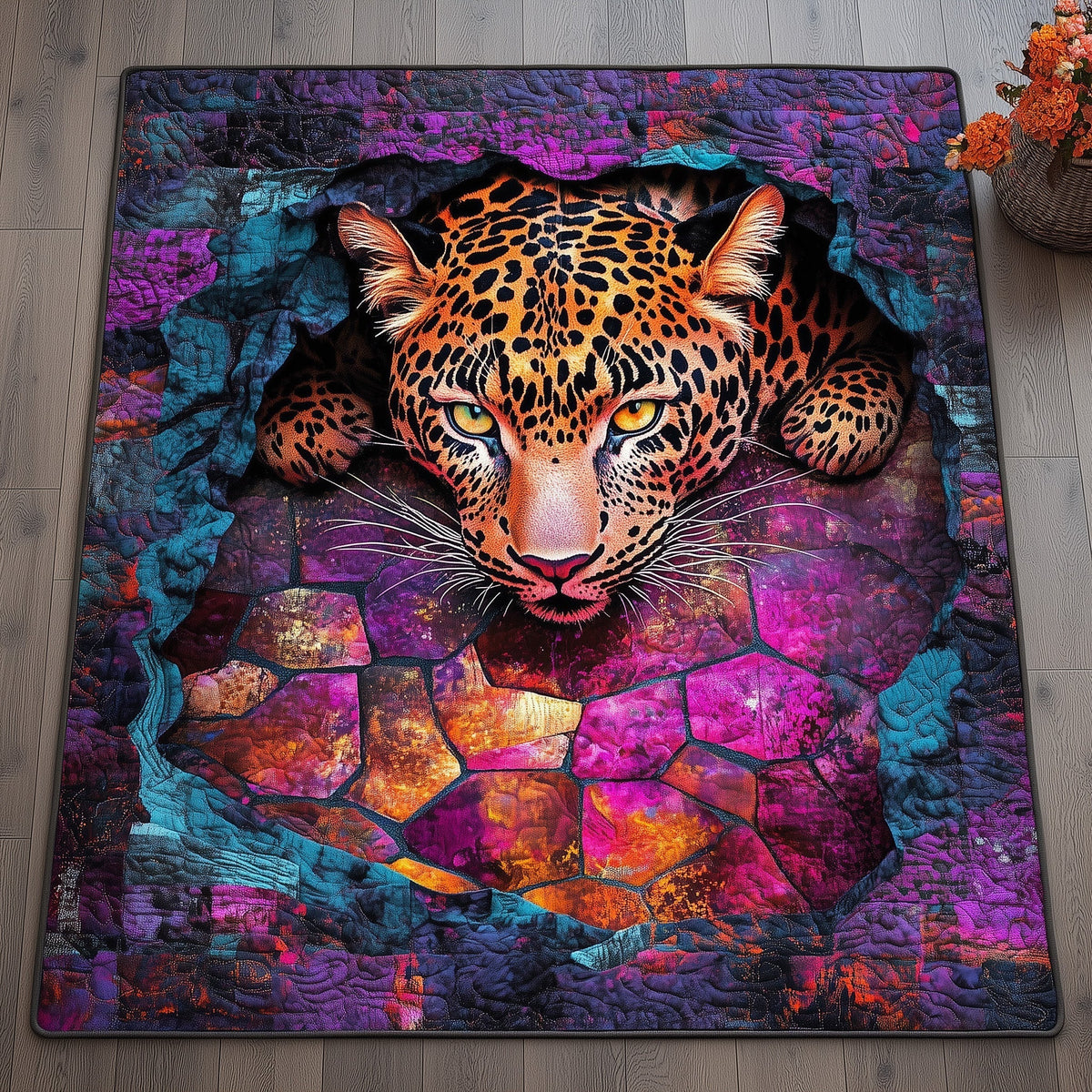 Cosmic Leopard area rug in a living room