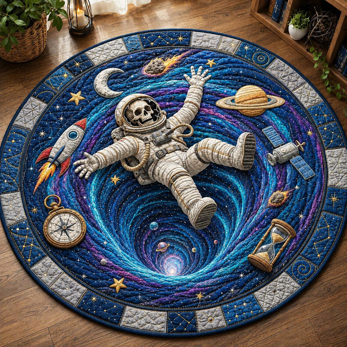 Cosmic Skeleton Fall Qulited Round Mat Halloween Round Mat Rug - washable non-slip printed rug