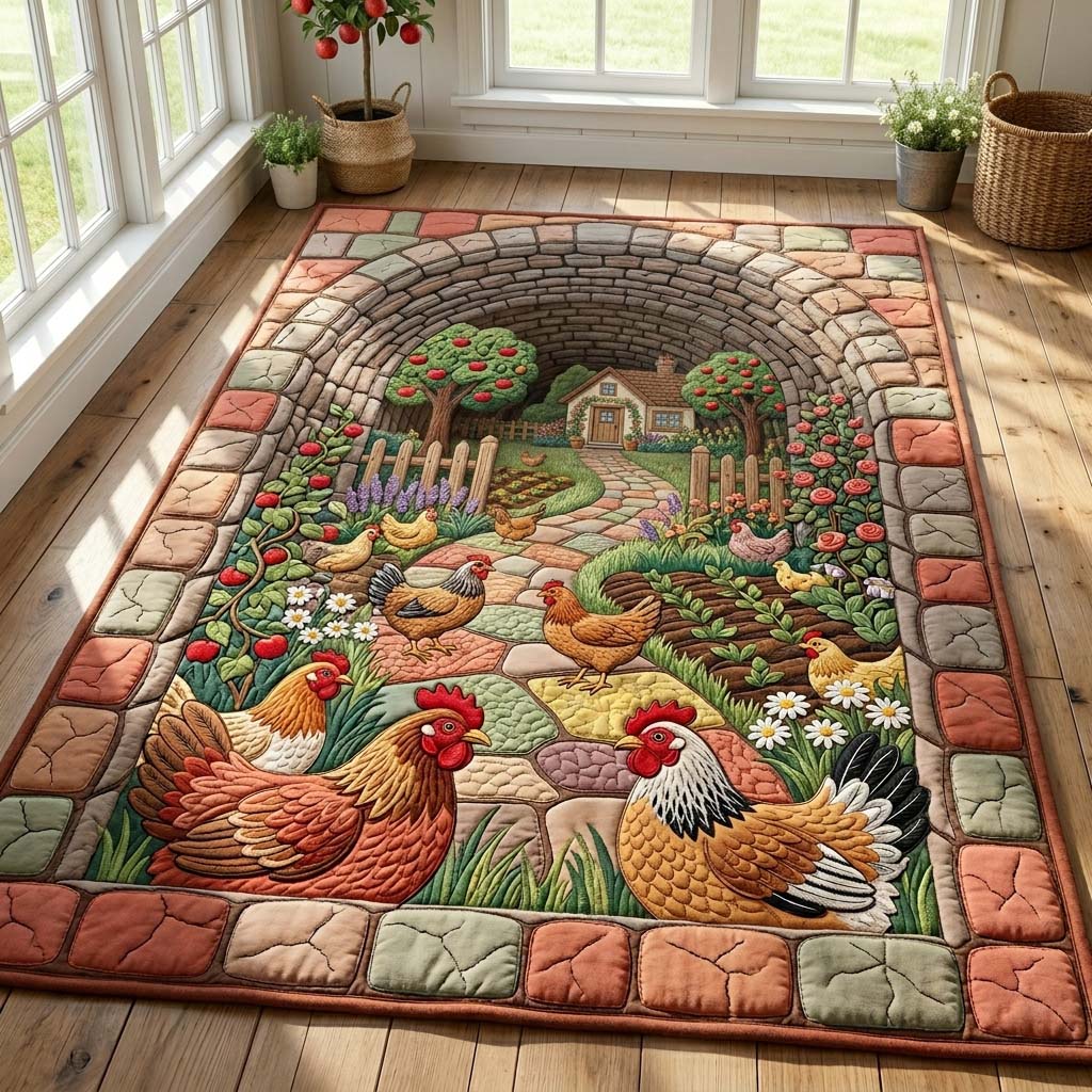 Cottage Chicken Garden area rug in a living room