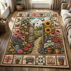 Cottage Garden Gate area rug in a living room