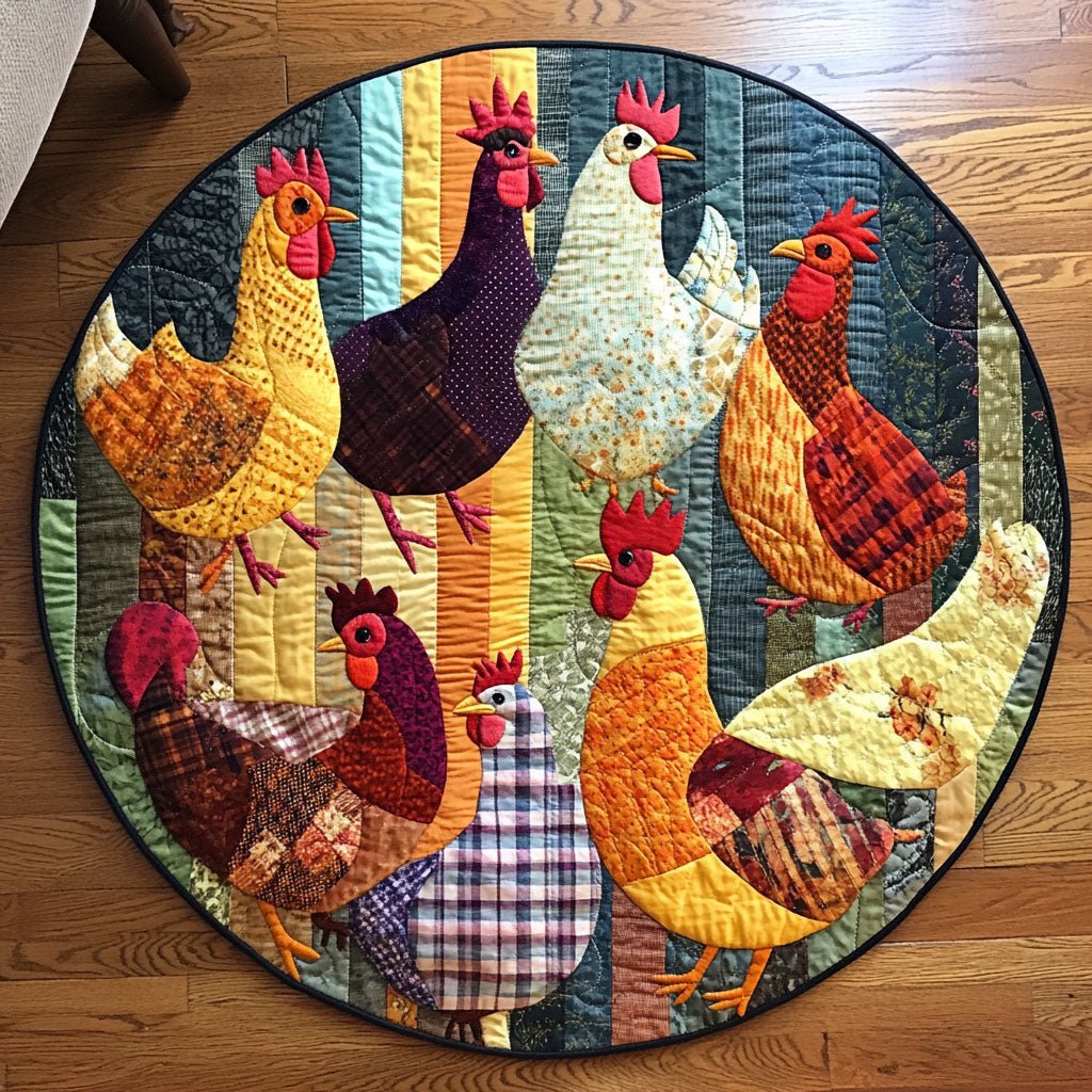 Country Chickens Round Mat Rug - washable non-slip printed rug