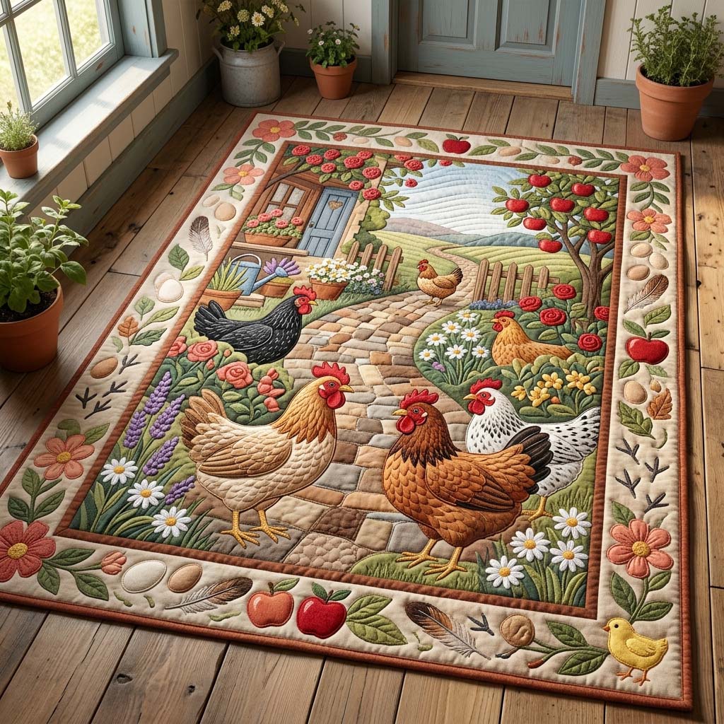 Country Hen Path area rug in a living room