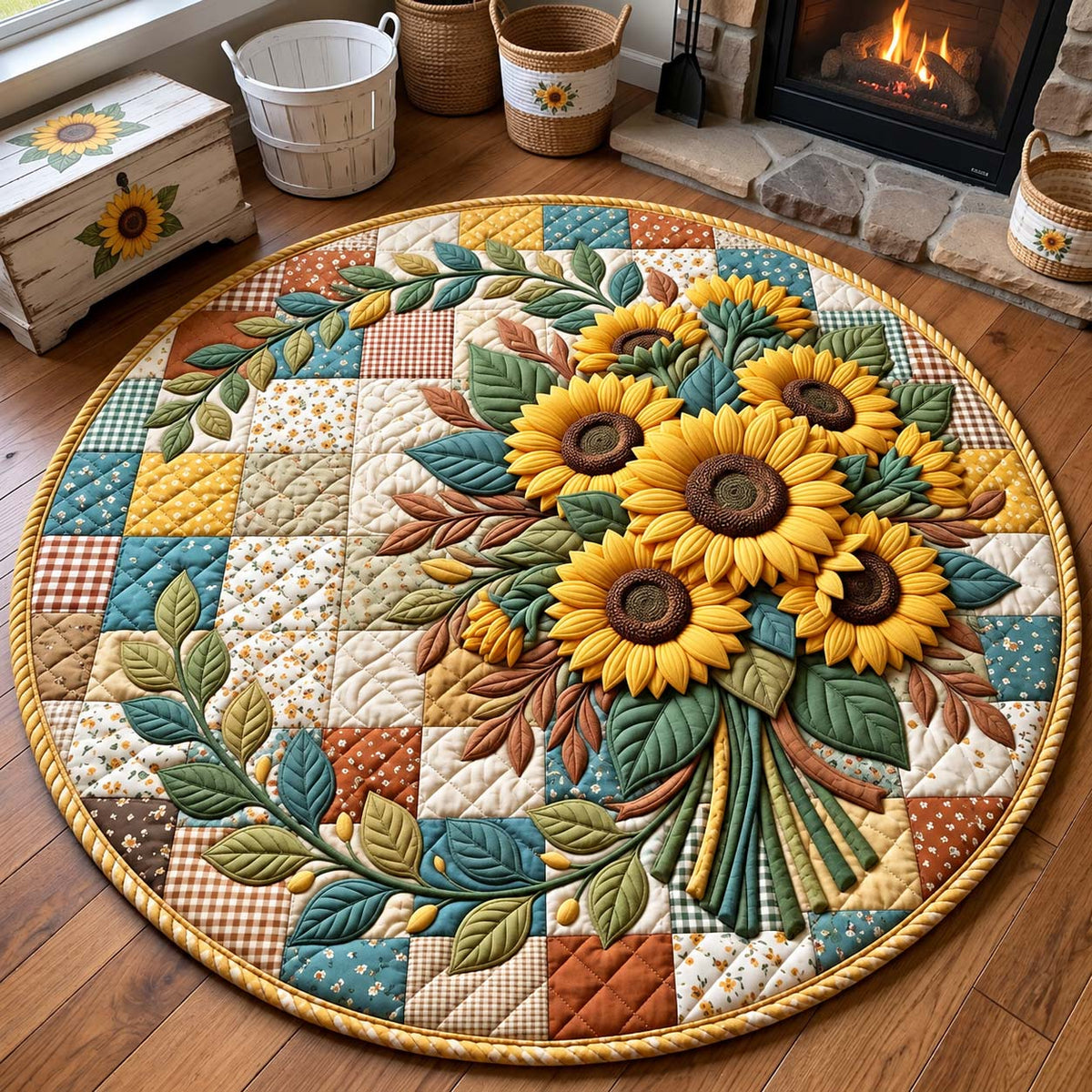 Country Sunflower Bouquet Round Mat Rug - Farmhouse Design | Cozy Home Decor - washable non-slip printed rug