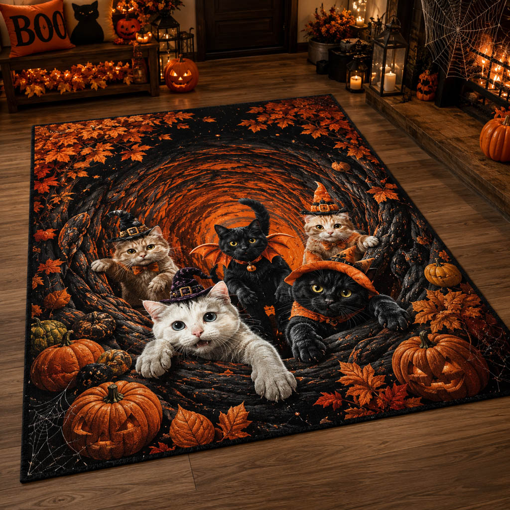 Coven Cat Gathering area rug in a living room