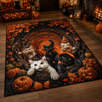 Coven Cat Gathering area rug in a living room