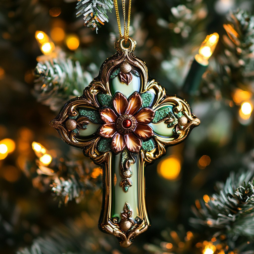 Ornate Flower Cross Christmas Ornament