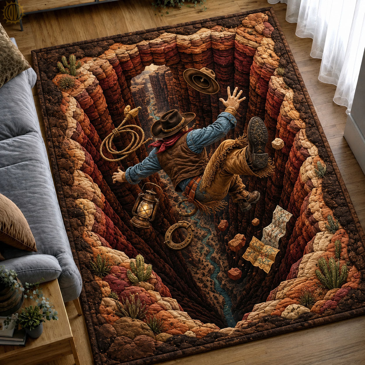 Cowboy Falling Into Desert Canyon area rug in a living room