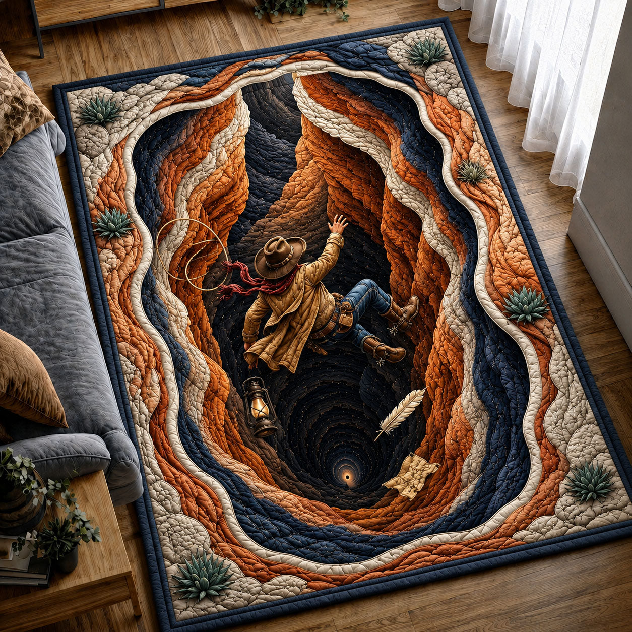 Cowboy Falling Through Canyon Spiral area rug in a living room