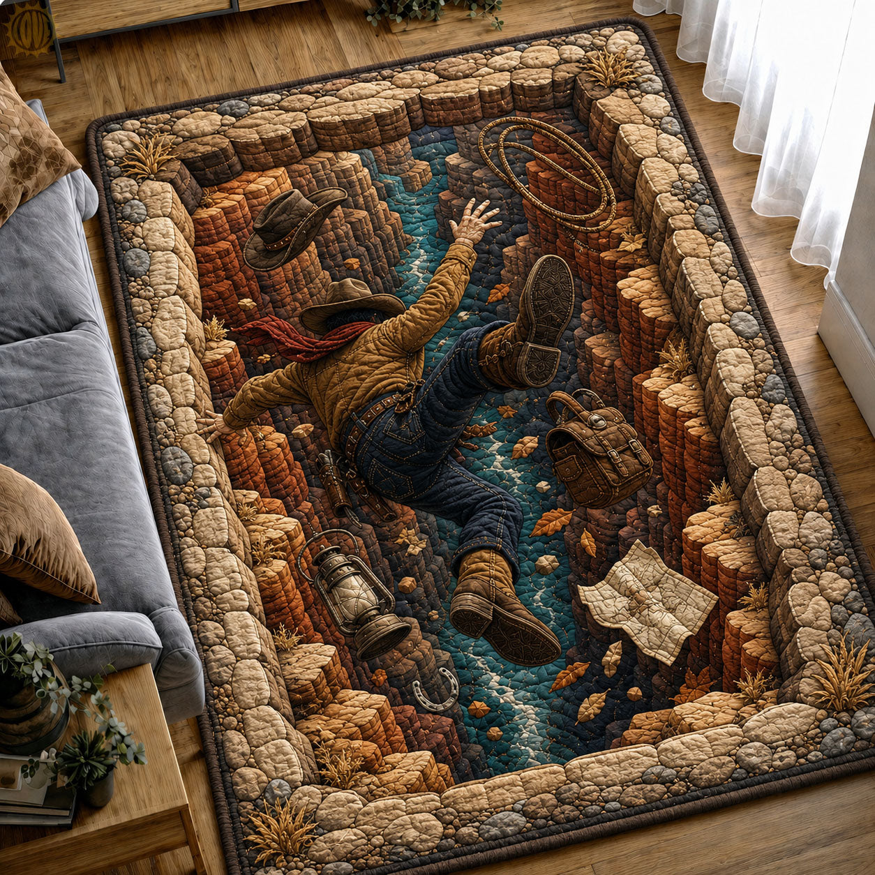 Cowboy Falling Through Red Rock Gorge area rug in a living room
