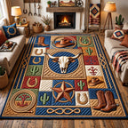 Cowboy Ranch Icons area rug in a living room