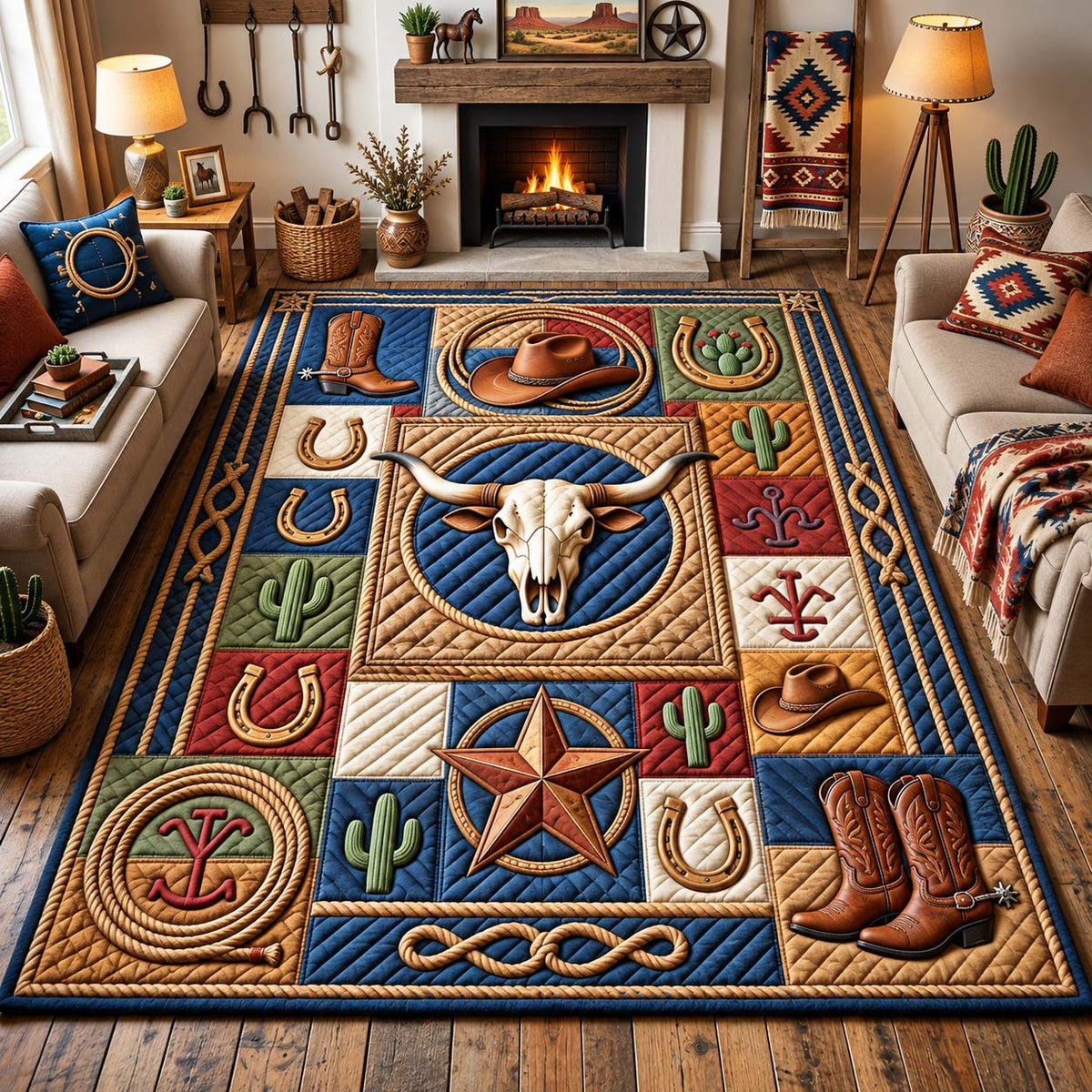 Cowboy Ranch Icons area rug in a living room