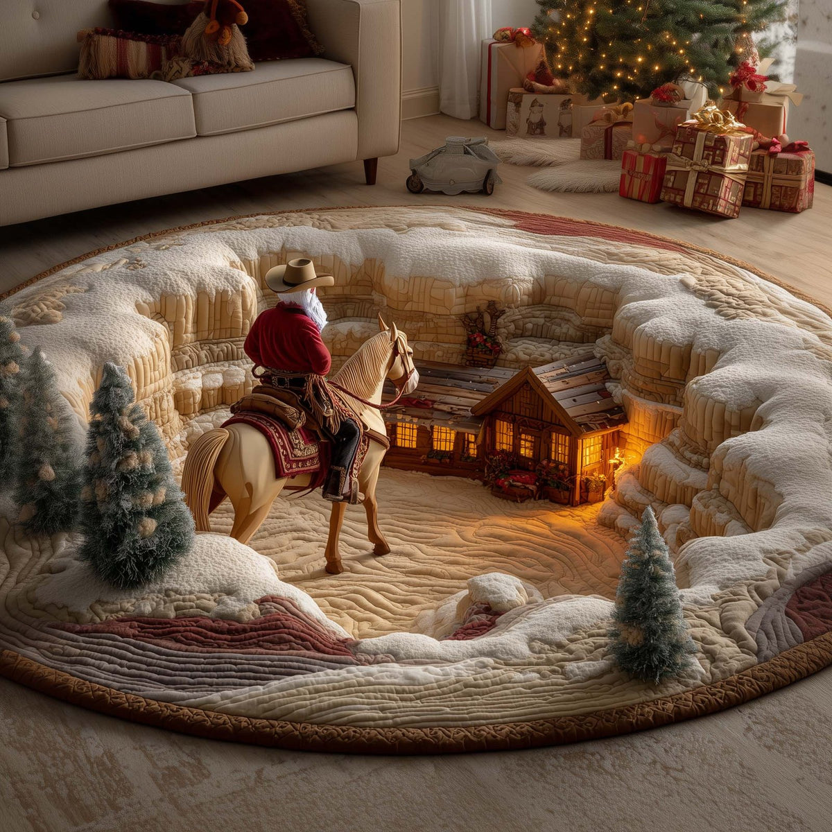 Cowboy Santa Christmas Round Mat Rug - washable non-slip printed rug