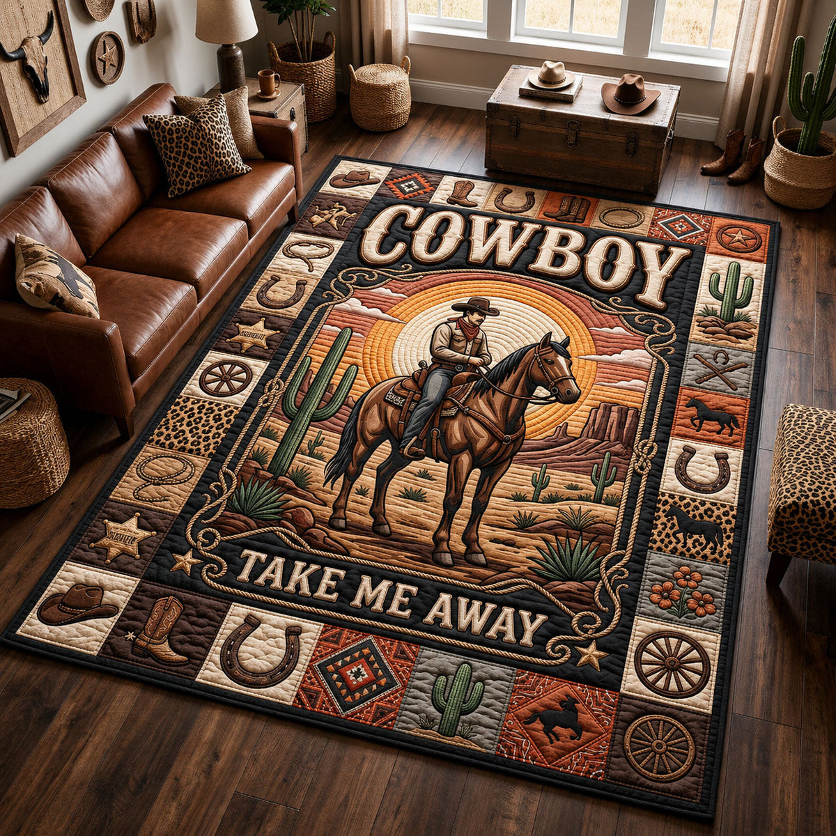 Cowboy Take Me Away area rug in a living room