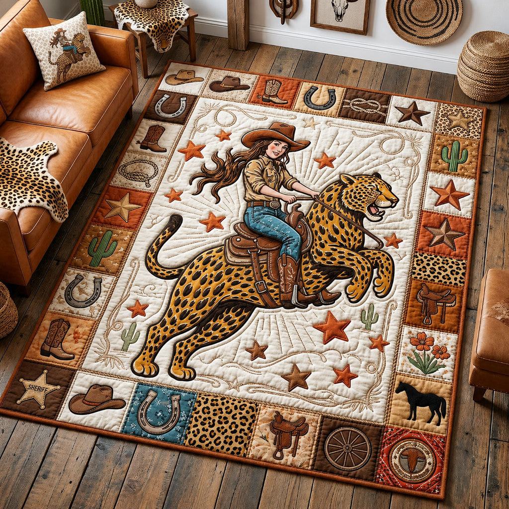 Cowgirl Riding Leopard area rug in a living room