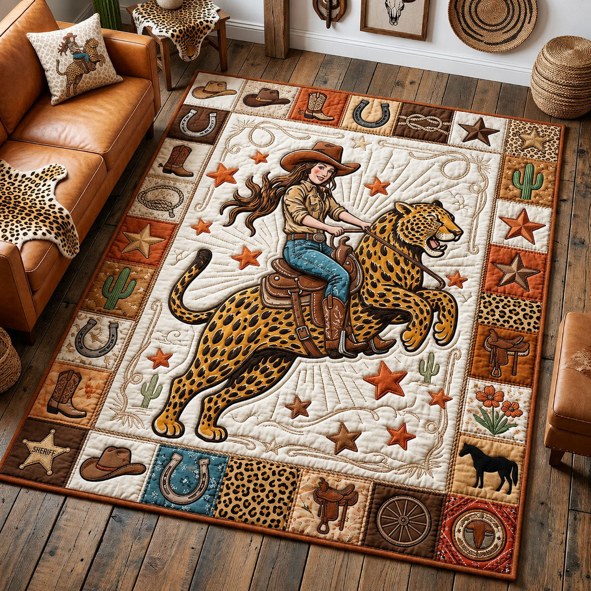 Cowgirl Riding Leopard area rug in a living room