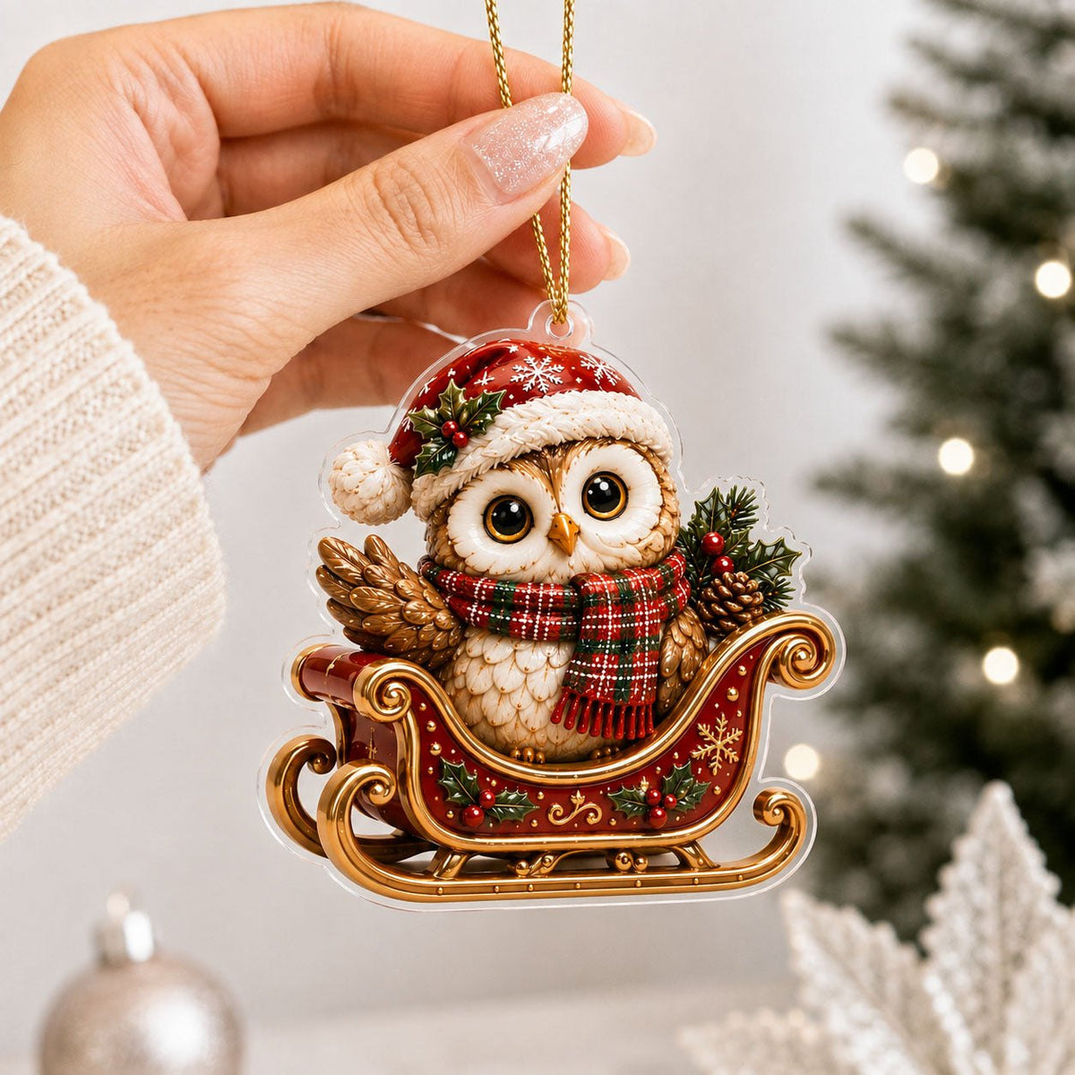 Owl In Christmas Sleigh Christmas Ornament