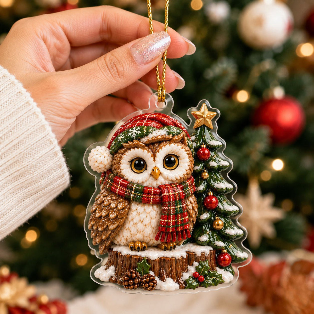 Plaid Tree Stump Owl Christmas Ornament