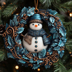 Blue Snowman Holly Wreath Christmas Ornament