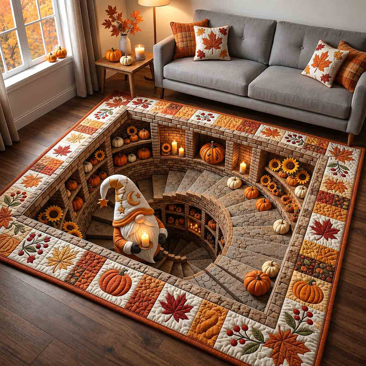 Cozy Autumn Gnome area rug in a living room