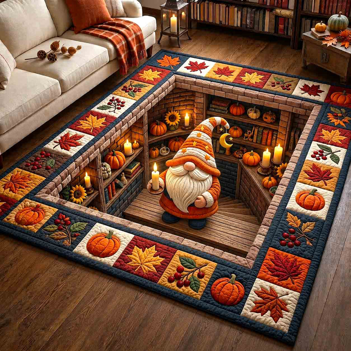 Cozy Autumn Gnome area rug in a living room